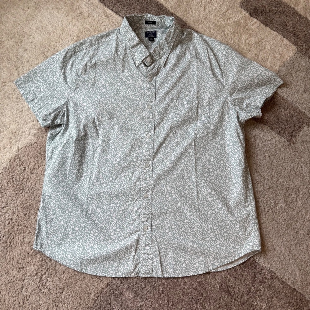 J.Crew Flex Washed Slim Fit Shirt XXL Green White Floral Short Sleeve BN647 Mens